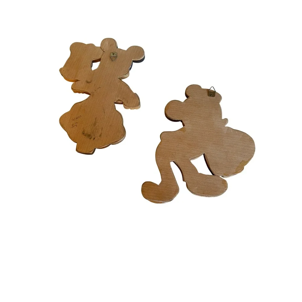 Disney Wall Art‎ Brown Mickey Minnie Mouse Intarsia Wood Plaque Set 2pc Vintage